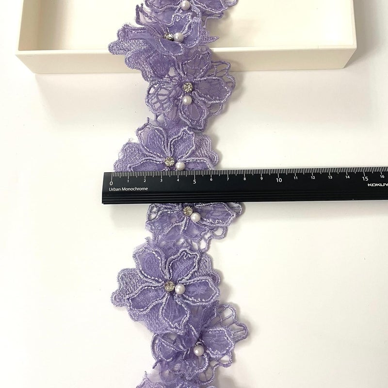 Buysk 2 Yards 3D Pearl Beads Flower Lace Trim Ribbon Floral Applique Embroidered Lace Fabric for Sewing DIY Crafts (Purple) - Image 2